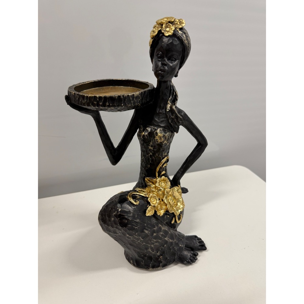 African Lady Figurine Candle Holder Statue Black Gold Floral Trinket Dish 9.5in